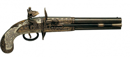 RÉPLICA DECORATIVA PISTOLA DE 2 CAÑONES GIRATORIOS REINO UNIDO 1750 450x201 custom - Historia de la pistola medieval