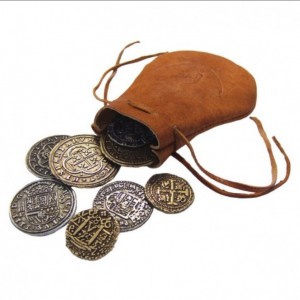 Bolsa de piel pirata con 8 monedas españolas