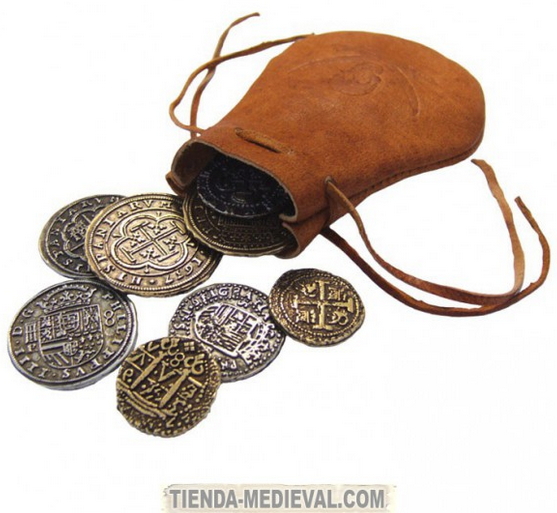 MONEDAS ESPAÑOLAS ANTIGUAS EN BOLSA PIEL PIRATA - Monedas Romanas para LARP con bolsa de cuero