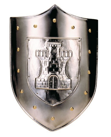Escudo con grabado de castillo y tachuelas doradas