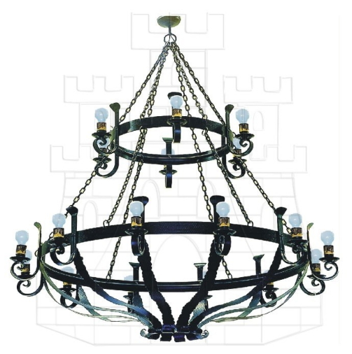 Lámpara forja grande cadenas 18 luces - Nuevos modelos de forja medieval en lámparas, apliques y antorchas