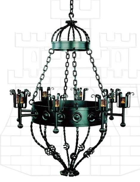 Lámpara forja grande cadenas 8 luces - Forja medieval de lámparas, antorchas y apliques