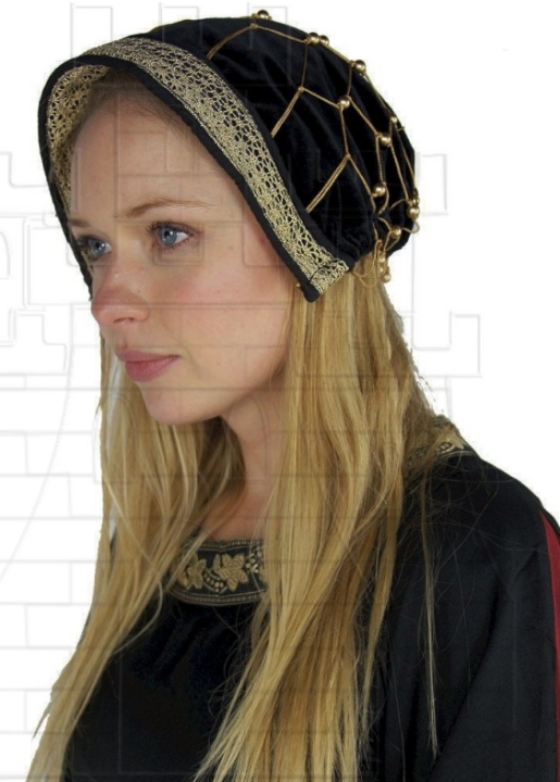 Cofia noble en terciopelo negro 1 - Tocados y bolsos redecilla medievales para mujer
