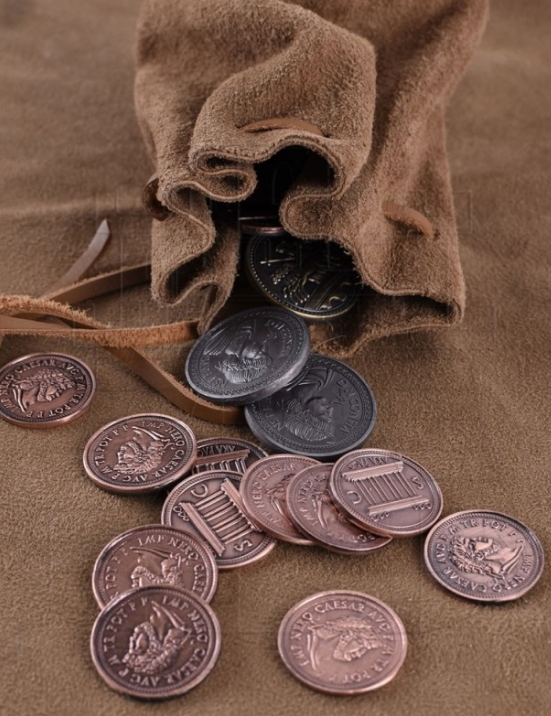 Monedas LARP Romanas con bolsa de cuero - Monedas Romanas para LARP con bolsa de cuero
