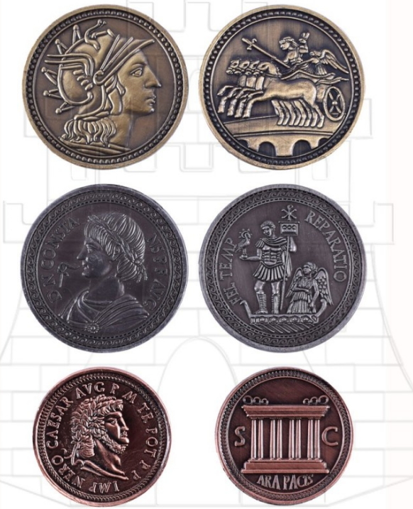 Monedas romanas - Monedas Romanas para LARP con bolsa de cuero