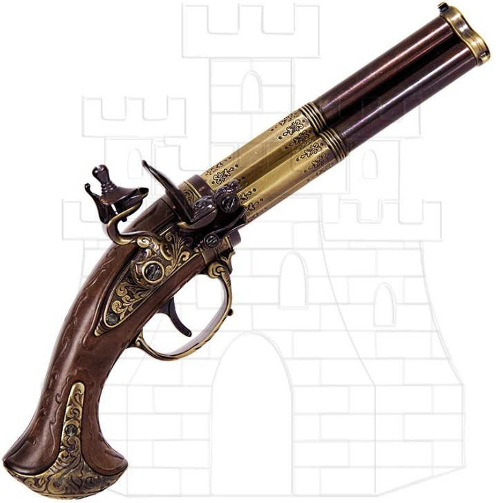 Pistola de chispa 3 cañones Francia S.XVIII  - Réplicas antiguas armas de fuego de chispa