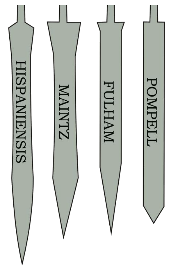 Espada de Antenas. Hoja Hispaniensis, Maintz, Fulham, Pompell