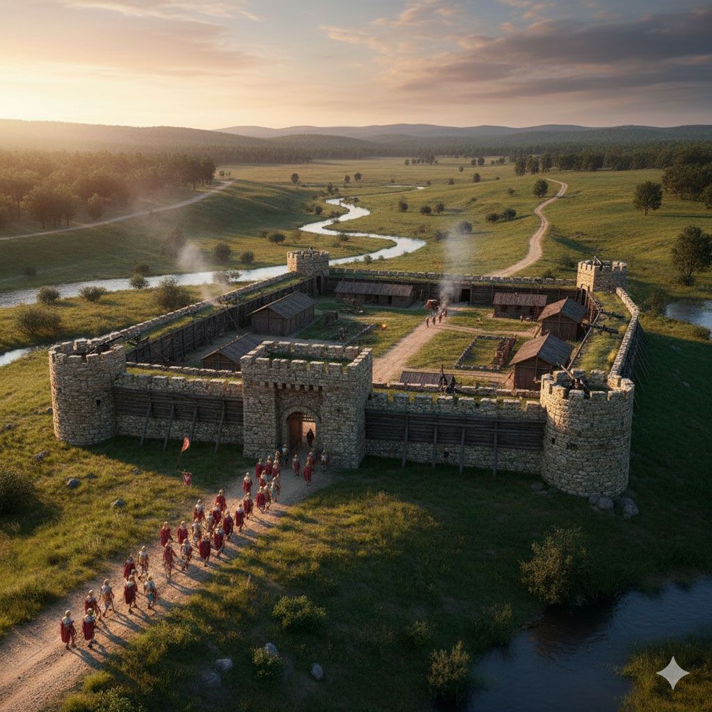 Reconstruction of a Roman castra with a rectangular layout and intersecting roads