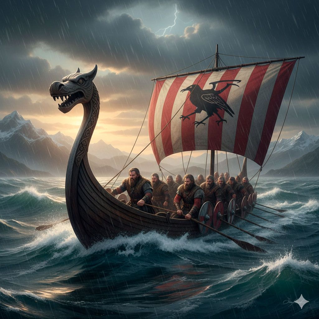 Iconic view of a Viking drakkar underway