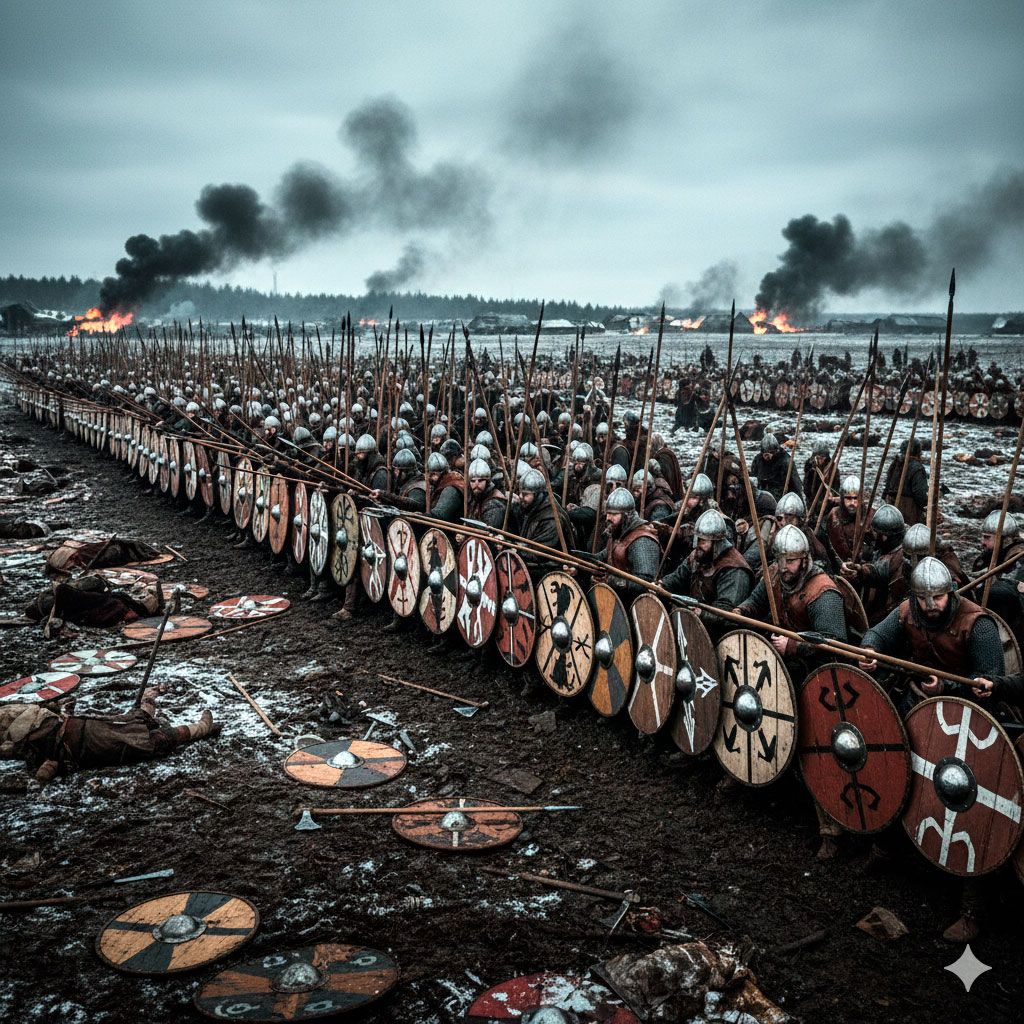 Dettaglio di come si sovrappongono gli scudi in un muro di scudi