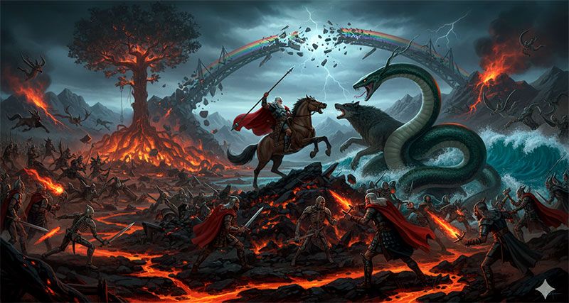 Illustrazione del Ragnarök: dèi e mostri in combattimento