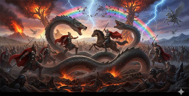 Scena di combattimento mitologico: giganti e dèi durante il Ragnarök
