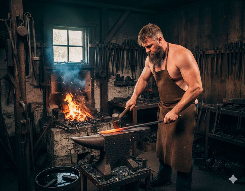 Artigiano vichingo che lavora il metallo