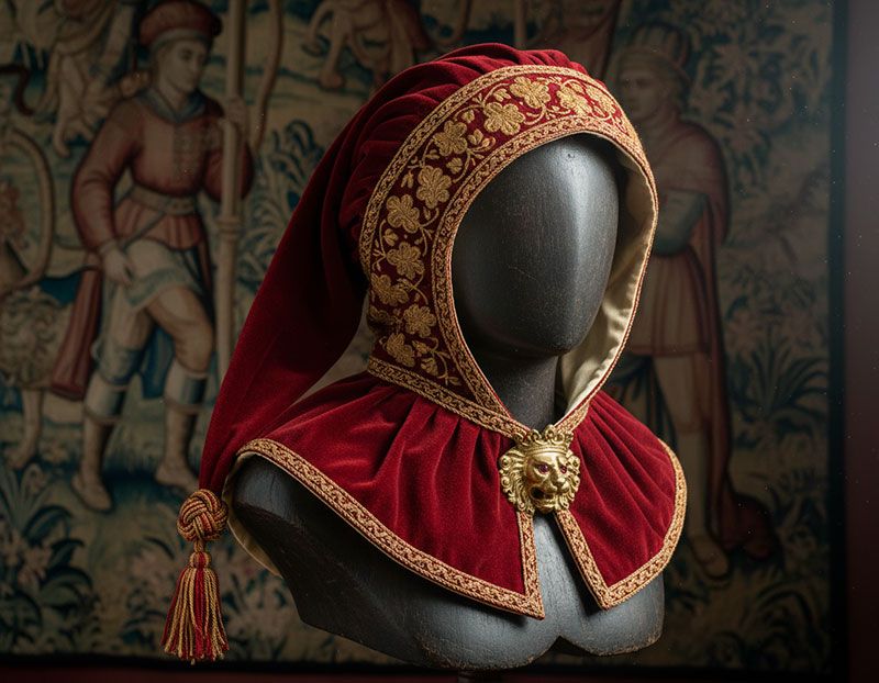 Dettaglio di un chapirón medievale con liripipe e volant