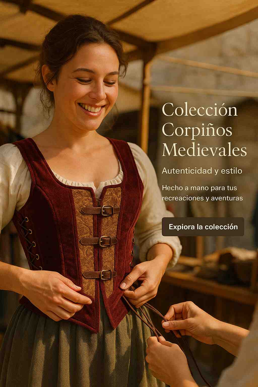 Mujer joven probándose un corpiño medieval de terciopelo y brocado en un puesto de mercado iluminado por la mañana; detalle de costuras, cordones y hebillas, mientras otra persona ajusta los cordones al fondo.