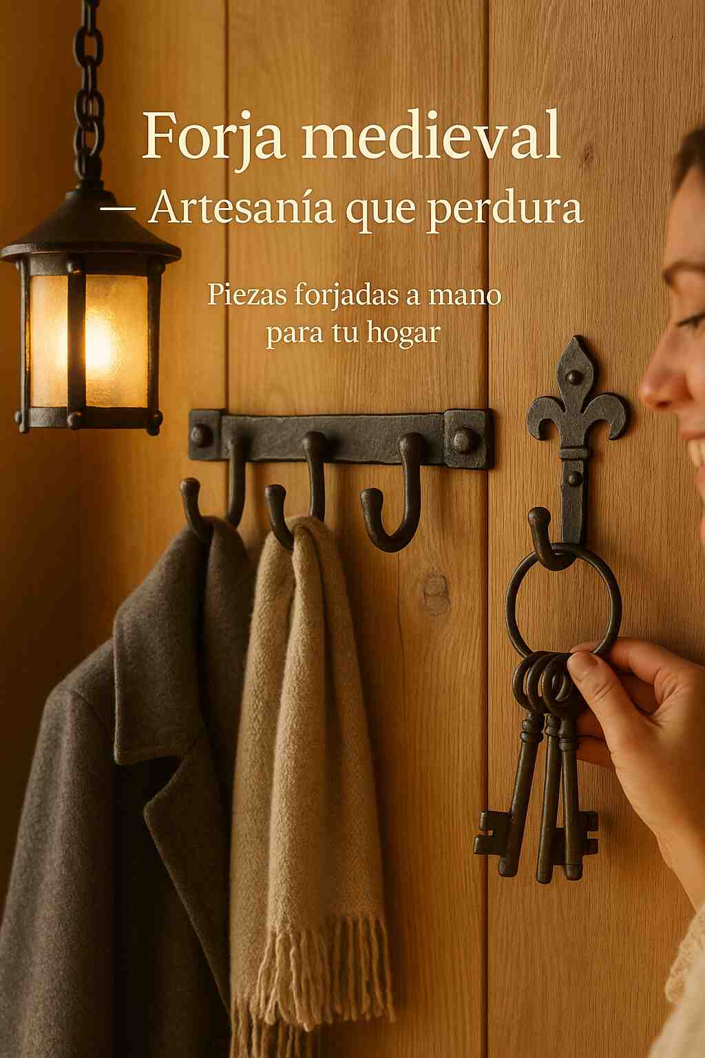 Perchero de pared y colgador de llaves en hierro forjado en una entrada rústico-medieval, con lámpara de forja y una mano colocando llaves