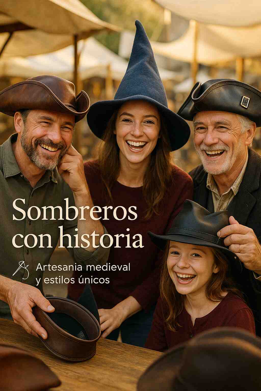Tres personas con sombreros artesanales medievales en un mercado histórico, destacando texturas de cuero, fieltro y lana.
