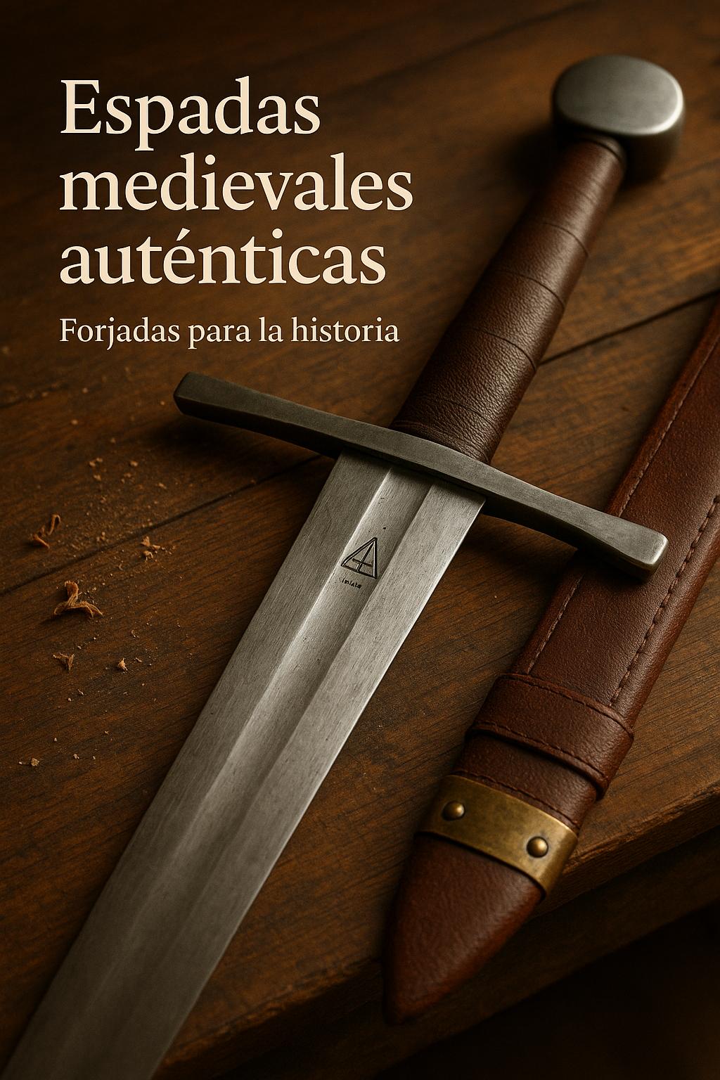 Espada medieval en primer plano con vaina de cuero sobre mesa de madera envejecida